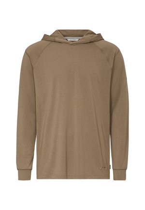 Brauner Kapuzenpullover mit langen Ärmeln und Raglanärmeln, schlichtes Vorderteil und kleinem Logo nahe dem unteren Saum, gefertigt aus leichtem Stoff.