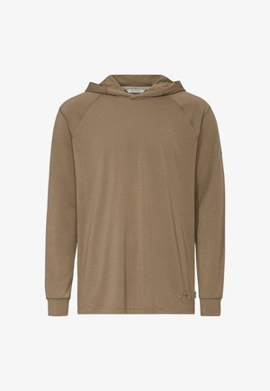 Sweat à capuche marron à manches longues avec manches raglan, devant uni et petit logo près de l’ourlet inférieur, fabriqué dans un tissu léger.