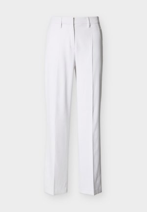 Fehér nadrág szabott dizájnnal, sima elejű, oldalzsebes és egyenes szárú. Selymes, könnyű anyagból készült.