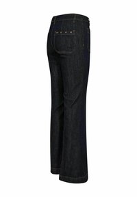 Jeans acampanados de denim azul oscuro con cintura alta, que cuentan con dos bolsillos traseros y costura en contraste. Nombre de la marca bordado en la pretina.