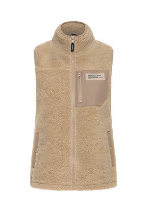 Beige ärmellose Fleece-Weste mit durchgehendem Reißverschluss, Stehkragen, Reißverschluss-Brusttasche und zwei Seitentaschen mit Druckknopfverschlüssen.