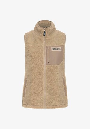 Chaleco de forro polar sin mangas en color beige, con cremallera frontal completa, cuello alto, bolsillo en el pecho con cremallera y dos bolsillos laterales con cierres de botón.