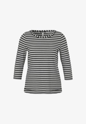 Langärmliges T-Shirt mit schwarz-weißem Streifenmuster, runder Ausschnitt und geradem Saum. Aus weichem Stoff gefertigt, mit dünnen horizontalen Linien.