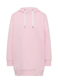 Sweat à capuche oversize rose clair avec manches longues et cordons blancs sur fond blanc.
