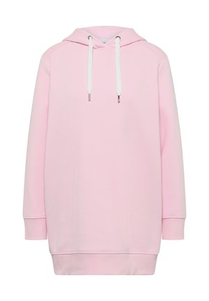 Lyserød oversized hættetrøje med lange ærmer og hvide snore på en hvid baggrund.