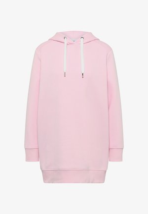 Sweat à capuche oversize rose clair avec manches longues et cordons blancs sur fond blanc.