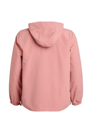 Ružová ľahká bunda s kapucňou, vybavená elastickými manžetami a jednoduchým dizajnom. Hladká textúra, nenápadný pohľad zozadu.