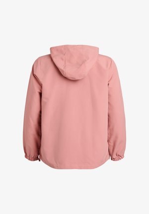 Rozā viegls mētelis ar kapuci, elastīgām aprocēm un vienkāršu dizainu. Gluda tekstūra, vienkārša skata no muguras.