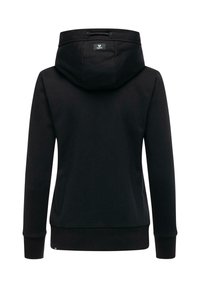 Felpa nera con cappuccio a coulisse, texture liscia e polsini e orlo a coste. Presenta un piccolo etichetta logo sulla parte posteriore del collo.