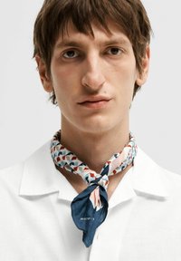 Daugiakampis daugiaspalvis šalikas, kuriame dominuoja mėlyna, raudona ir rožinė spalvos, užrištas aplink kaklą. Pagamintas iš lengvos medžiagos.