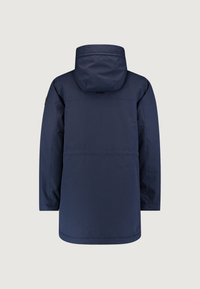 Navy blue, waterproof jacket with a hood, featuring a straight cut, minimalistic design, and no visible patterns or hardware.
