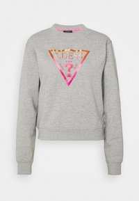 Šedá mikina s kulatým výstřihem, zkráceným designem a lesklým růžovo-oranžovým trojúhelníkovým logem uprostřed. Hladké manžety a lem.