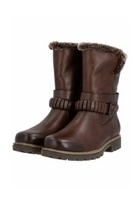Braune Lederstiefeletten mit einem weichen Kunstfellfutter, einem Riemen mit Schnalle und einer strukturierten Gummisohle für besseren Halt. Mit gerippter Detailverarbeitung am Riemen.
