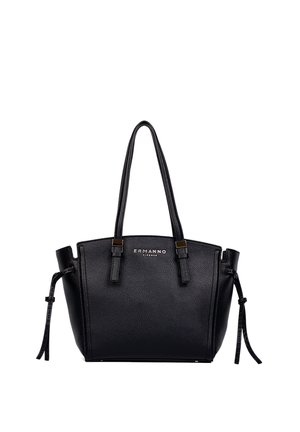 Borsa a mano in pelle nera con trama, doppio manico, dettagli laterali con coulisse e logo "Ermanno Firenze" al centro della parte anteriore.