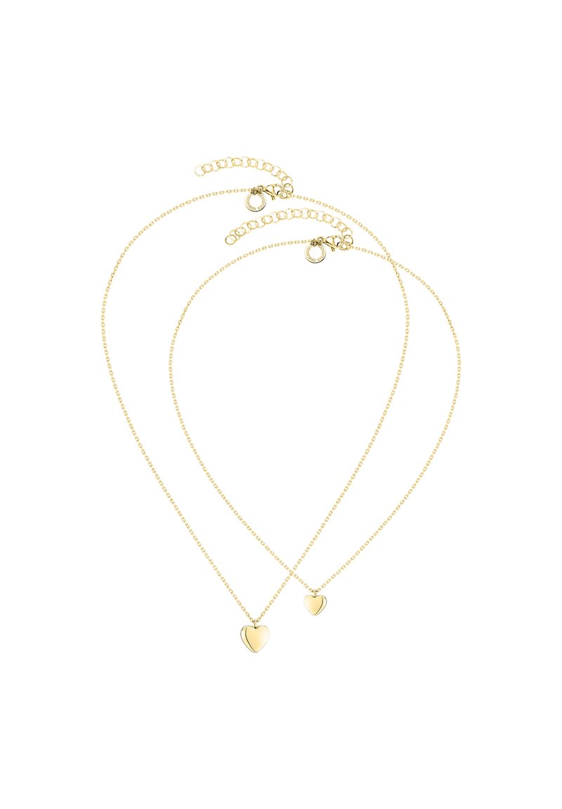 Goudkleurige, dubbele ketting met twee hartvormige hangers, één groter en één kleiner, aan delicate kettingen met verstelbare lengtes.