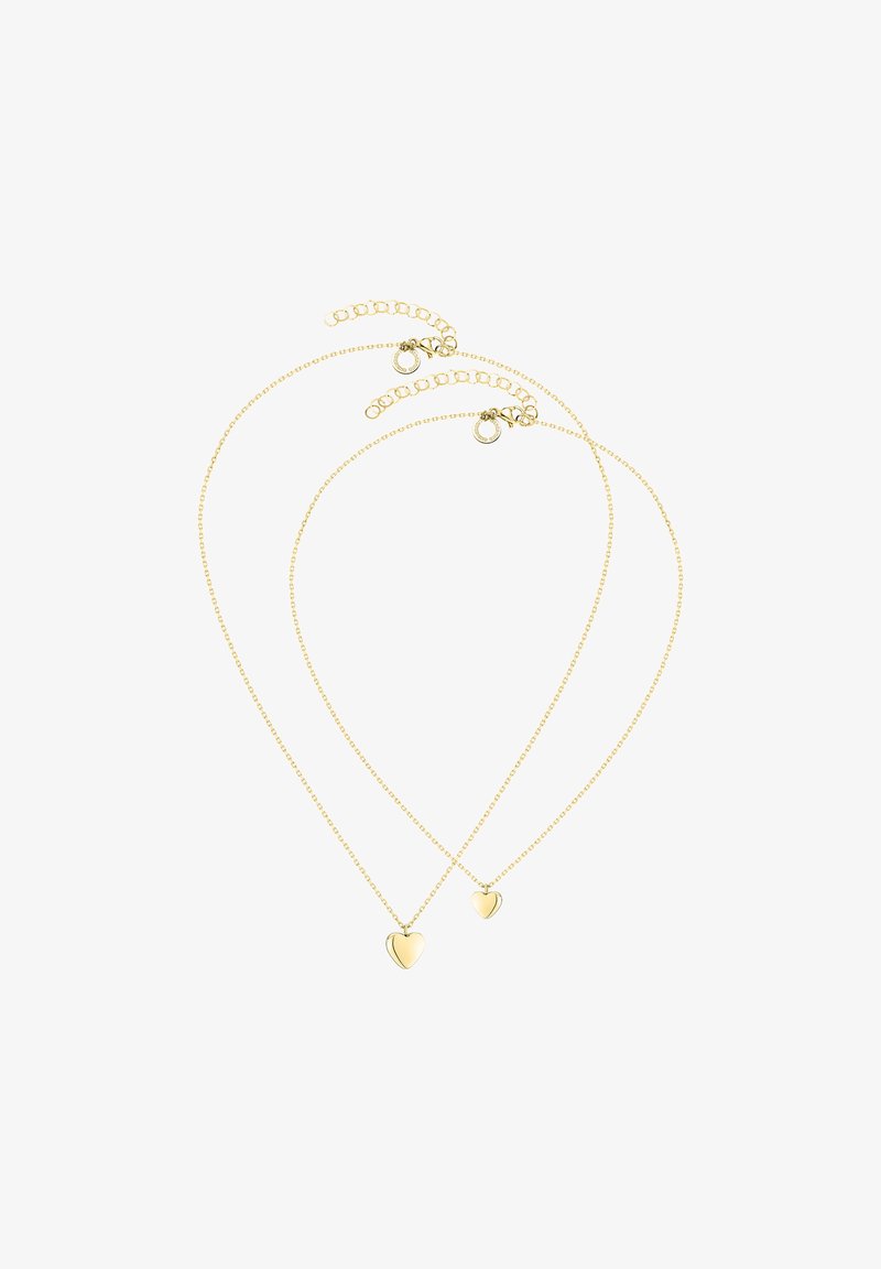 Goudkleurige, dubbele ketting met twee hartvormige hangers, één groter en één kleiner, aan delicate kettingen met verstelbare lengtes.