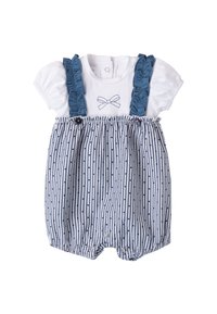 Blauwe gestreepte speeloverall met witte rimpel mouwen, geborduurd strikdetail en drukknoopsluitingen aan de onderkant voor gemakkelijke aankleedmogelijkheden.