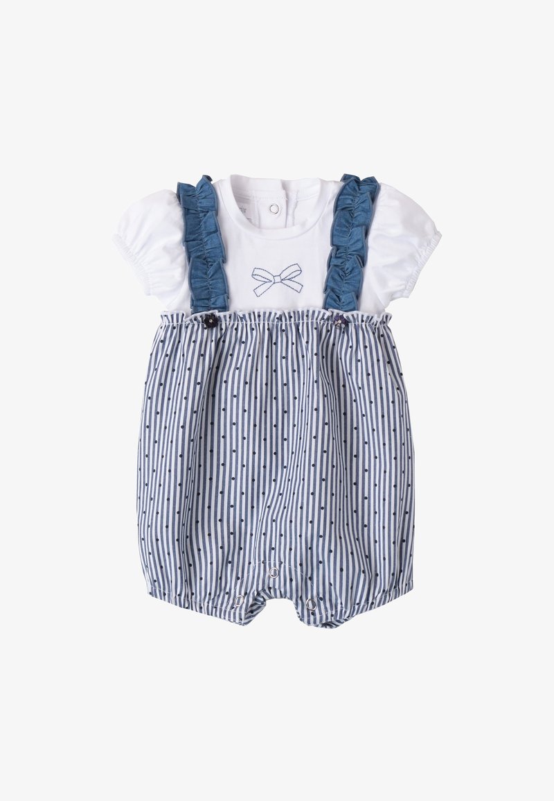 Blauwe gestreepte speeloverall met witte rimpel mouwen, geborduurd strikdetail en drukknoopsluitingen aan de onderkant voor gemakkelijke aankleedmogelijkheden.