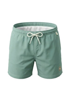 Short de bain vert clair avec cordon blanc, doublure intérieure en mesh et petit patch rond avec logo en bas de la jambe gauche.
