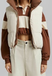 Gilet imbottito senza maniche in crema e marrone, con colletto alto e chiusura zip sul davanti. Abbinato a una camicia a righe marroni a maniche lunghe e pantaloni crema.