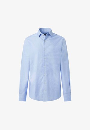 Camicia a maniche lunghe azzurro chiaro in cotone, con colletto a punta, chiusura frontale con bottoni e un sottile motivo testurizzato.