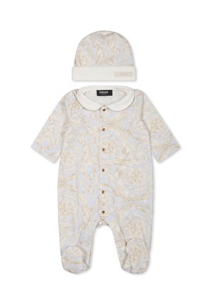 Body neonato azzurro chiaro con motivo floreale beige, maniche corte, colletto bianco e chiusura anteriore con bottoni. Include un cappellino abbinato.