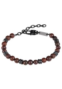 Bracciale in perline marroni con accenti metallici, caratterizzato da pietre rotonde lucide e hardware nero, chiusura a catena regolabile con etichetta del marchio.