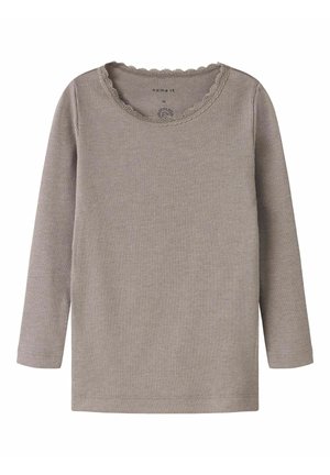 Langärmeliges, geripptes Oberteil in gedecktem Taupe mit einem gezackten Ausschnitt. Hergestellt aus weicher Stoff, hat einen geraden Schnitt und einen schlichten Saum.