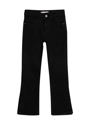 Jeans negros acampanados de denim, con una cintura ajustada, diseño de cinco bolsillos y costuras sutiles, con una ligera hendidura en el dobladillo.