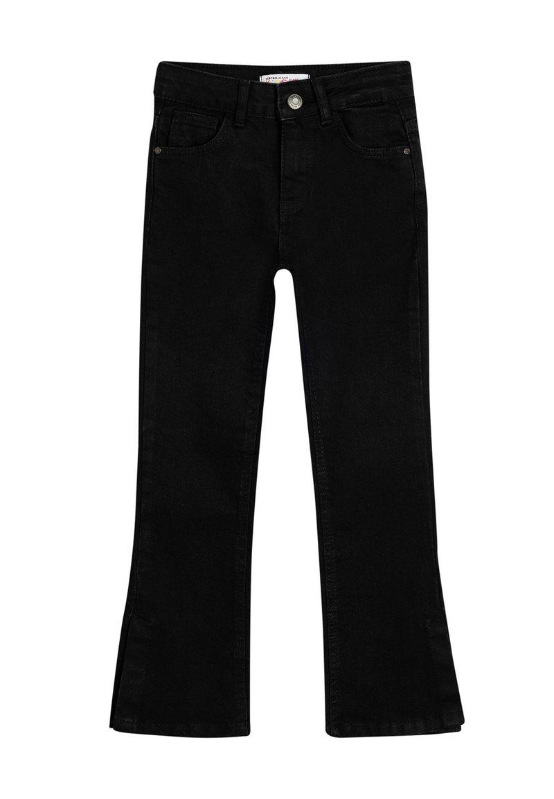 Svarta utsvängda jeans i denim, med en åtsittande midja, femficksdesign och subtila sömmar, samt en lätt slits i fållen.