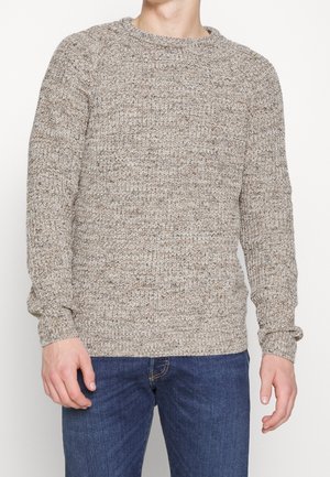 Uomo che indossa un maglione beige e grigio lavorato a maglia con maniche lunghe e jeans blu, in piedi davanti a uno sfondo bianco.