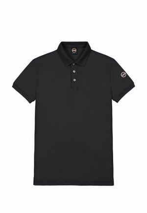 Black short-sleeve polo shirt with three buttons and a round logo patch on the left sleeve and inside the collar.