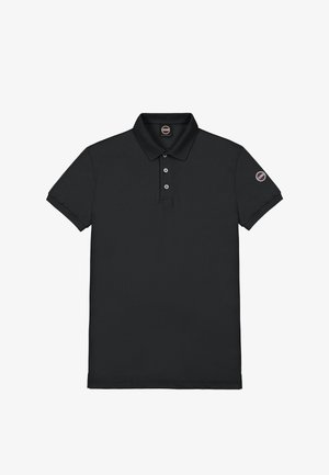 Black short-sleeve polo shirt with three buttons and a round logo patch on the left sleeve and inside the collar.