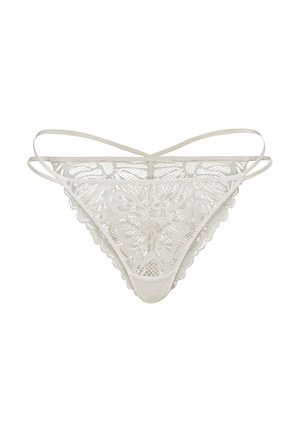 White lace thong with intricate floral pattern, scalloped edges, and thin straps. Lightweight design with a transparent mesh texture.