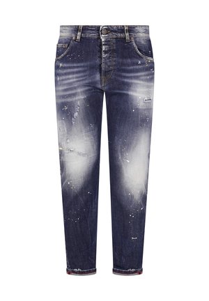 Donkerblauwe distressed spijkerbroek met vervaagde plekken, kleine scheurtjes, verfspatten, knoopsluiting en opgerolde manchetten.