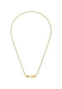 Guldplateret halskæde med et kædedesign. Har en cylindrisk lås og to sfæriske accenter i midten. Glat tekstur.