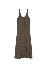 Vestido sin mangas color marrón con un patrón geométrico, de corte holgado, escote redondo y bajo acampanado, fabricado en tela ligera.