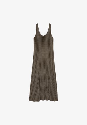 Abito senza maniche marrone con un motivo geometrico, taglio morbido, scollatura rotonda e orlo a balze, realizzato in tessuto leggero.