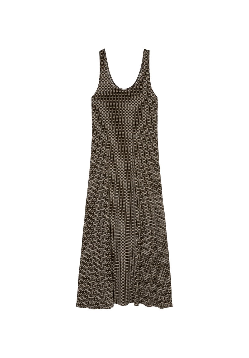 Vestido sin mangas color marrón con un patrón geométrico, de corte holgado, escote redondo y bajo acampanado, fabricado en tela ligera.
