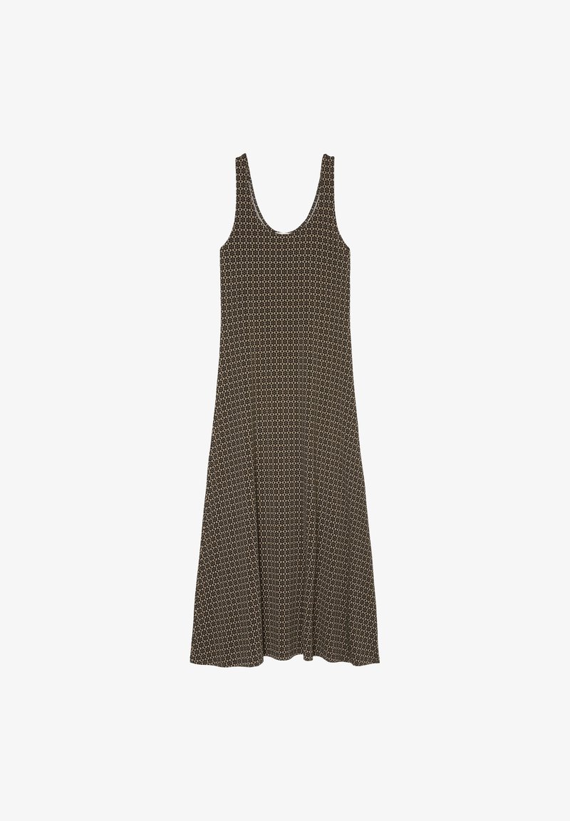 Vestido sin mangas color marrón con un patrón geométrico, de corte holgado, escote redondo y bajo acampanado, fabricado en tela ligera.