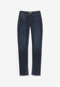 Tmavě modré džíny slim fit se zapínáním na knoflík a zip, pět kapsový design, položené na bílé pozadí.