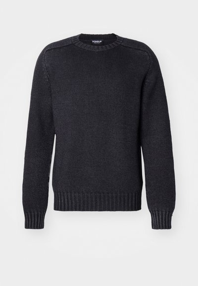 Dark gray knitted sweater with a round neckline, ribbed cuffs, and hem. Features a slightly textured fabric with a casual design.
