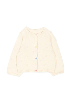 Crèmekleurig gebreid babyvestje met getextureerde stippen en meerkleurige knopen aan de voorkant, lange mouwen en geribde boorden en zoom.