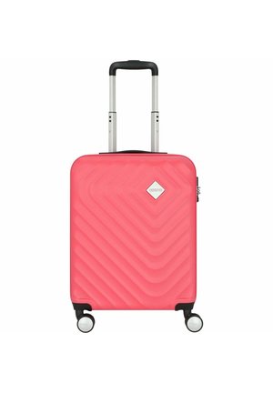 Pink hard-shell suitcase with a chevron pattern, retractable handle, and four wheels for easy mobility. Features a side zipper lock.