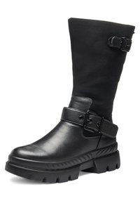 Schwarzer Stiefel mit mittlerer Wadenhöhe, grober Profilsohle, Lederunterteil, Stoffobermaterial und zwei verstellbaren Schnallenriemen am Knöchel und am oberen Schaft.