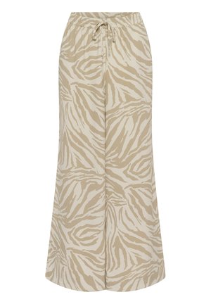 Pantalones de pierna ancha color beige claro con un estampado de cebra sobre un fondo crema. Cuentan con una cintura elástica con cordón ajustable.