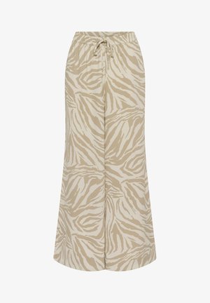 Pantalones de pierna ancha color beige claro con un estampado de cebra sobre un fondo crema. Cuentan con una cintura elástica con cordón ajustable.