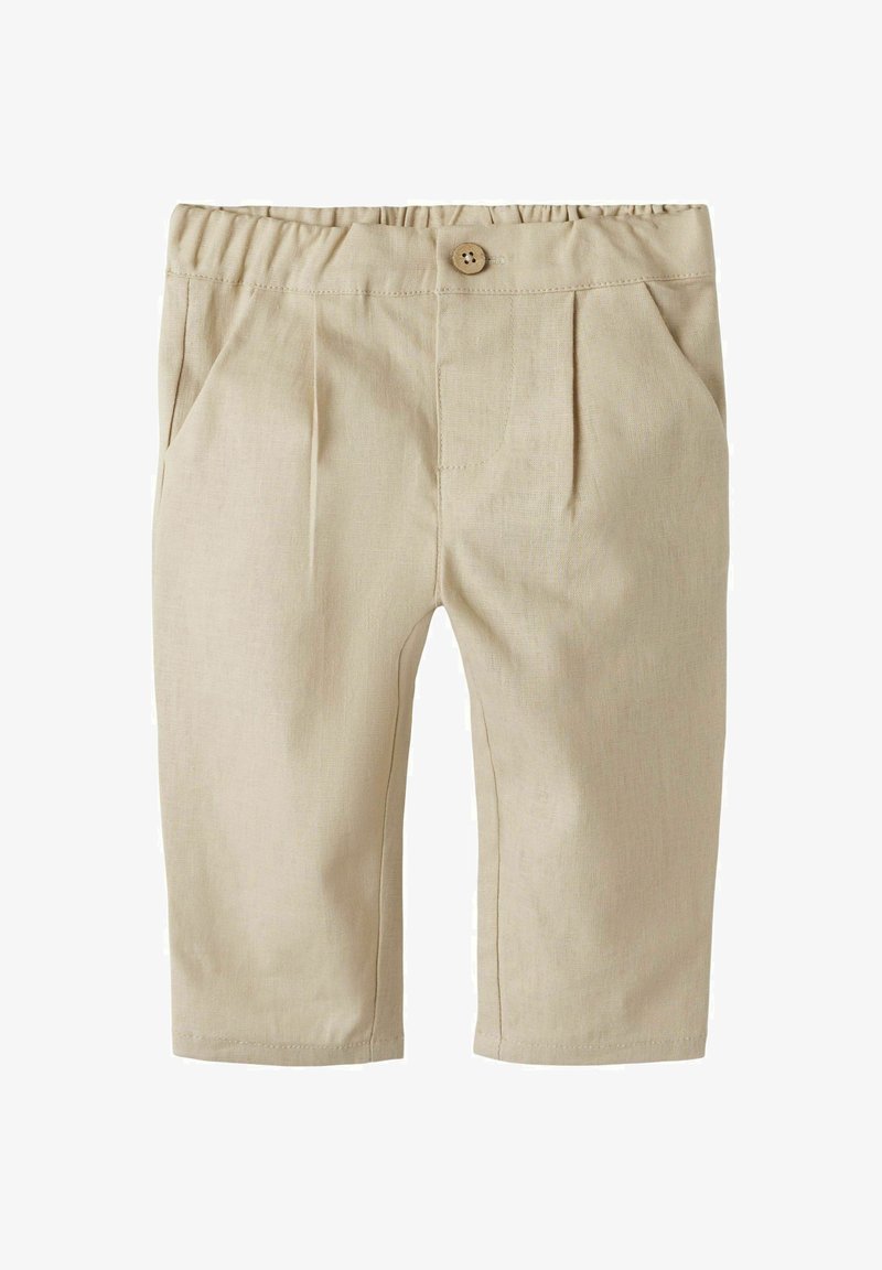 Beige lanene hlače z elastičnim pasom, sprednjimi gubami in majhnim lesenim gumbom; brez vidnih žepov. Gladka tekstura, skrajšana dolžina.