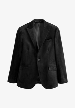 Fekete, textúrált bársonyból készült blézer, kiszélesedő reverekkel, egygombos záródással, két elülső zsebbel és hálós belső béléssel.