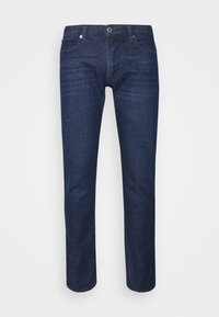 Dark blue denim jeans, straight cut, five-pocket design, front button closure, visible stitching, smooth texture, no prominent patterns.